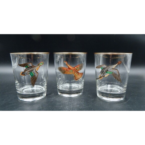 Ducks Waterfowl Double Old-Fashioned Rocks Glasses Glassware Gold Trim S/3 Sign - Picture 1 of 12